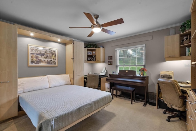 1339 Villa Ln Unit 50, Apopka, FL 32712 - bedroom featuring light colored carpet, ornamental molding, an office area, and a ceiling fan