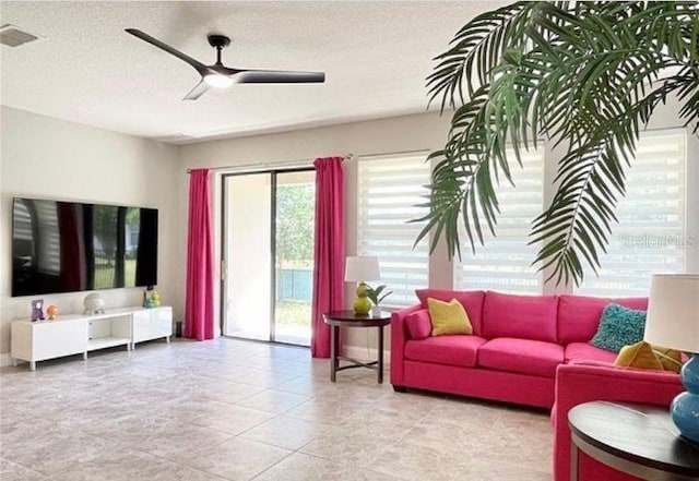 13542 Gorgona Isle Dr, Windermere, FL 34786 - living area featuring a ceiling fan and a textured ceiling