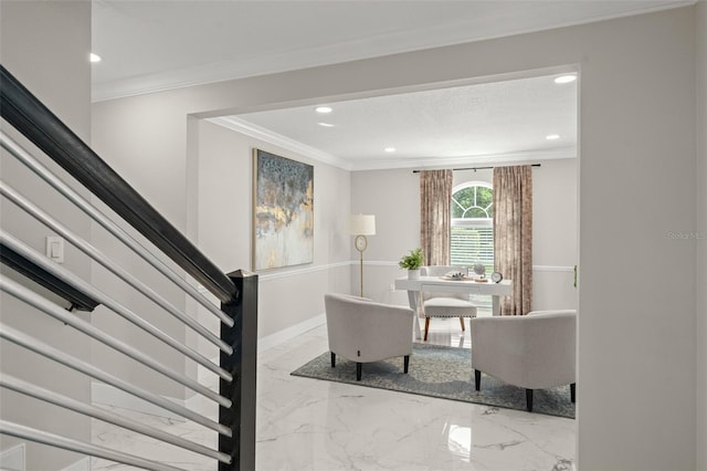 109 E 12th Ave, Windermere, FL 34786 - interior space featuring marble tiled floors, recessed lighting, stairway, and ornamental molding