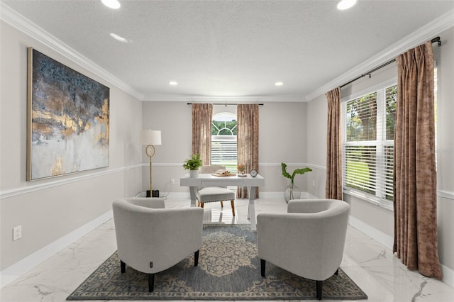 109 E 12th Ave, Windermere, FL 34786 - living area featuring light marble finish floors, recessed lighting, plenty of natural light, an office area, and crown molding