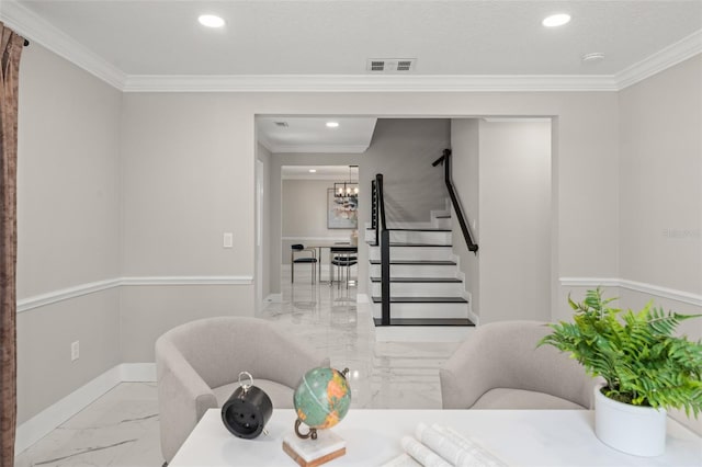 109 E 12th Ave, Windermere, FL 34786 - living area featuring marble finish floors, stairway, recessed lighting, ornamental molding, and a chandelier