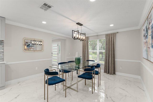 109 E 12th Ave, Windermere, FL 34786 - dining room with light marble finish flooring, recessed lighting, a chandelier, and crown molding