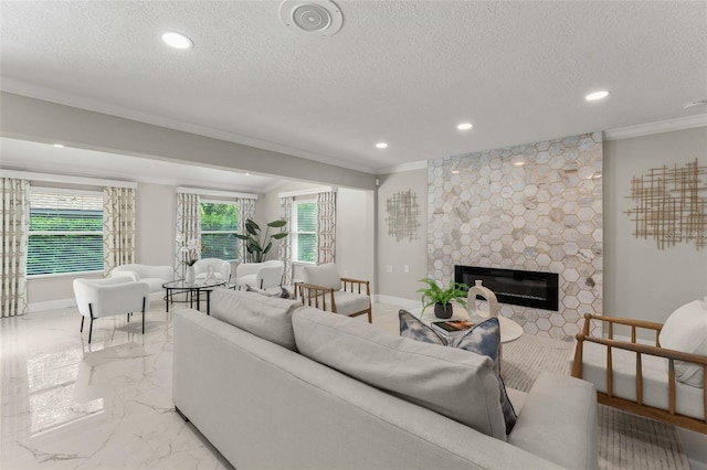 109 E 12th Ave, Windermere, FL 34786 - living area featuring ornamental molding, recessed lighting, a fireplace, a textured ceiling, and light marble finish floors