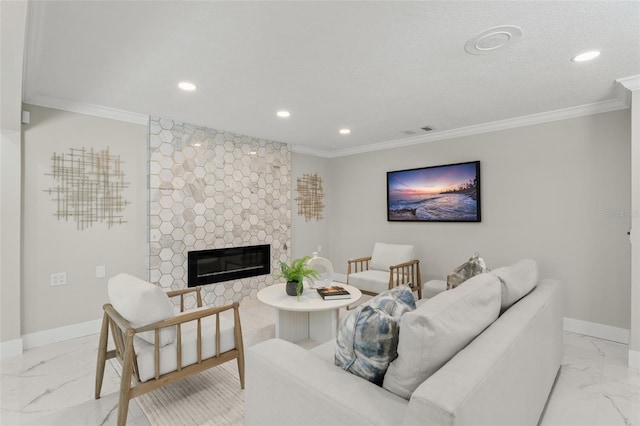 109 E 12th Ave, Windermere, FL 34786 - living area with light marble finish floors, ornamental molding, recessed lighting, and a fireplace