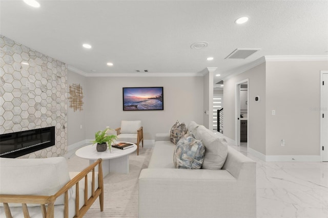 109 E 12th Ave, Windermere, FL 34786 - living room with recessed lighting, a fireplace, crown molding, and stairs