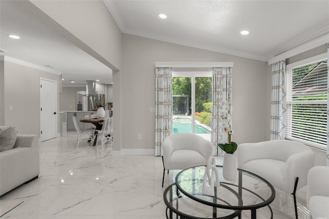 109 E 12th Ave, Windermere, FL 34786 - living area featuring healthy amount of natural light, crown molding, recessed lighting, lofted ceiling, and light marble finish flooring