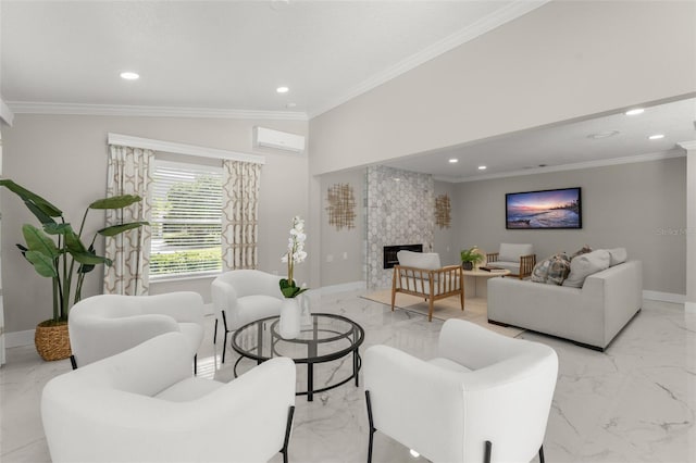 109 E 12th Ave, Windermere, FL 34786 - living room featuring light marble finish flooring, recessed lighting, an AC wall unit, a large fireplace, and ornamental molding