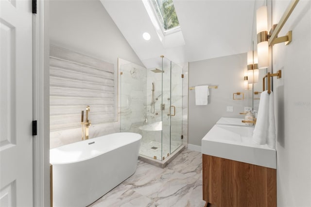 109 E 12th Ave, Windermere, FL 34786 - full bath with a skylight, lofted ceiling, a marble finish shower, a soaking tub, and double vanity