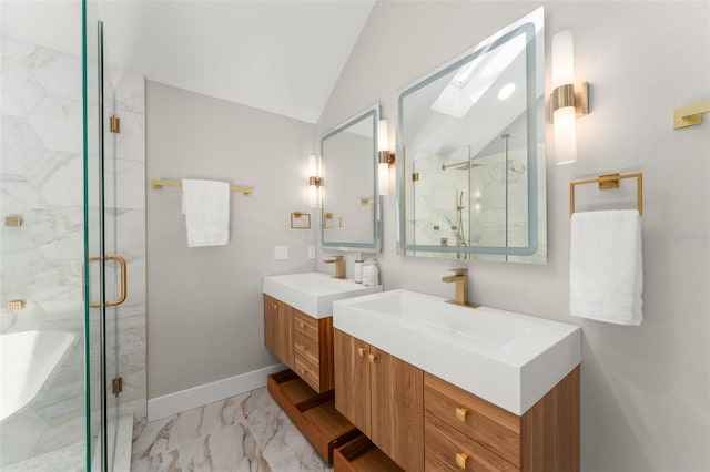109 E 12th Ave, Windermere, FL 34786 - bathroom with marble finish flooring, lofted ceiling, two vanities, a marble finish shower, and a skylight