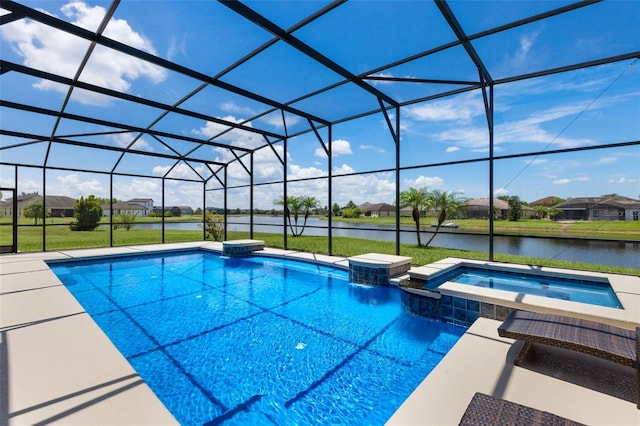 1758 Boat Launch Rd, Kissimmee, FL 34746 - view of swimming pool with a pool with connected hot tub, a water view, glass enclosure, and a residential view