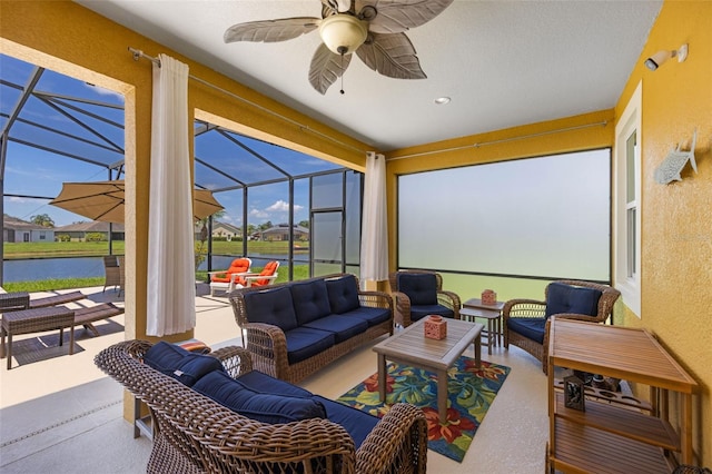 1758 Boat Launch Rd, Kissimmee, FL 34746 - sunroom with an outdoor living space, a ceiling fan, and a water view