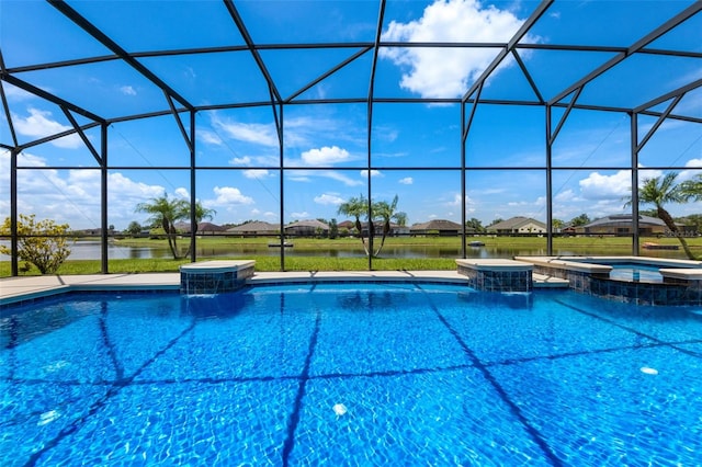 1758 Boat Launch Rd, Kissimmee, FL 34746 - view of pool with a pool with connected hot tub, glass enclosure, and a water view