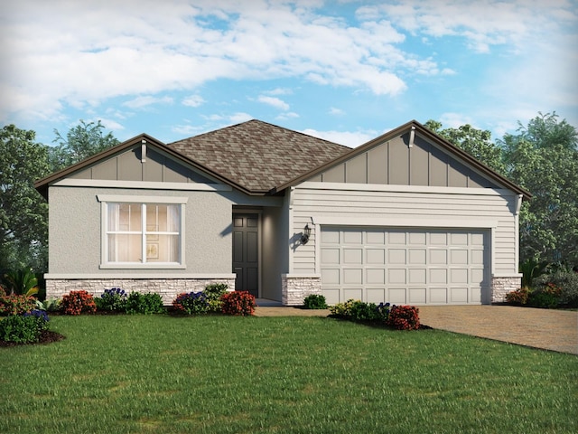 1229 Pampus Dr, Daytona Beach, FL 32124 - view of front of house with roof with shingles, a front yard, driveway, a garage, and stone siding