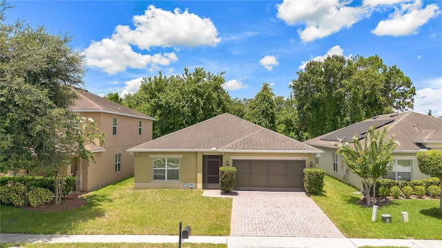 1414 Marsh Meadow Ln, Davenport, FL 33896 - single story home featuring decorative driveway, stucco siding, a front lawn, a garage, and roof with shingles
