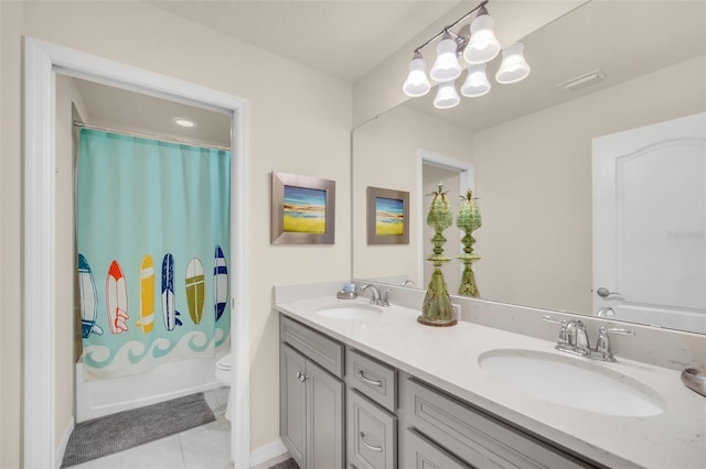 8940 Zurich Ln, Kissimmee, FL 34747 - bathroom with double vanity, tile patterned floors, and shower / bath combination with curtain