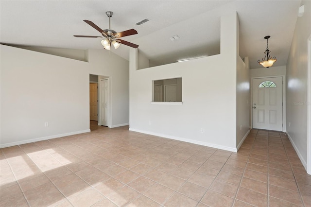 1742 Van Allen Cir, Deltona, FL 32738 - empty room with light tile patterned flooring, a ceiling fan, and high vaulted ceiling