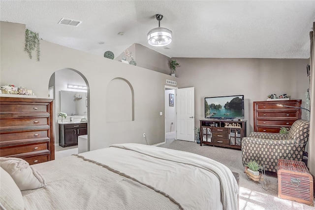 569 Yearling Cove Loop, Apopka, FL 32703 - bedroom with lofted ceiling, carpet, a textured ceiling, connected bathroom, and arched walkways