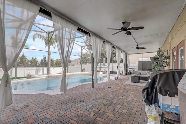 569 Yearling Cove Loop, Apopka, FL 32703 - view of swimming pool featuring an outdoor living space, a fenced backyard, a patio, a lanai, and ceiling fan