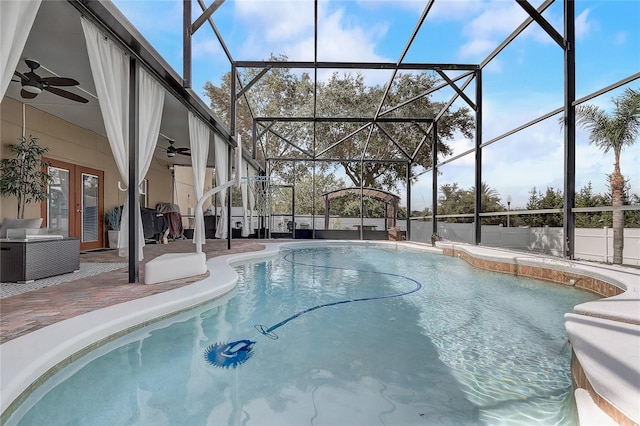 569 Yearling Cove Loop, Apopka, FL 32703 - view of pool with ceiling fan, a patio, glass enclosure, and french doors