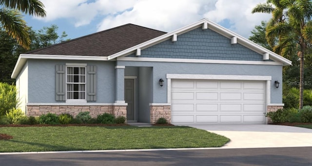 1275 Normandy Dr, Haines City, FL 33844 - view of front of house featuring stone siding, an attached garage, stucco siding, concrete driveway, and a front yard