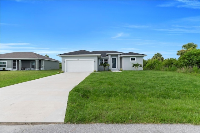 9333 Hialeah Ter, Port Charlotte, FL 33981 - view of front of home featuring an attached garage, concrete driveway, a front lawn, and stucco siding