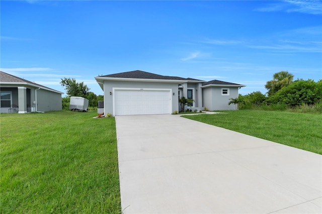 9333 Hialeah Ter, Port Charlotte, FL 33981 - view of front facade featuring a garage, stucco siding, concrete driveway, and a front yard