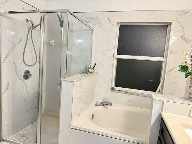 1945 Torrey Dr, Orlando, FL 32818 - full bathroom featuring a marble finish shower, a garden tub, and vanity