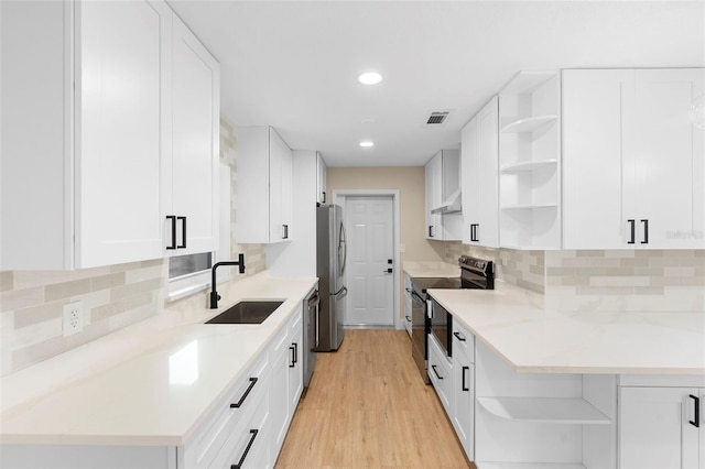 5310 Pineview Way, Apopka, FL 32703 - kitchen featuring open shelves, appliances with stainless steel finishes, light wood finished floors, white cabinets, and tasteful backsplash