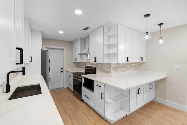 5310 Pineview Way, Apopka, FL 32703 - kitchen featuring open shelves, appliances with stainless steel finishes, wall chimney range hood, white cabinetry, and recessed lighting