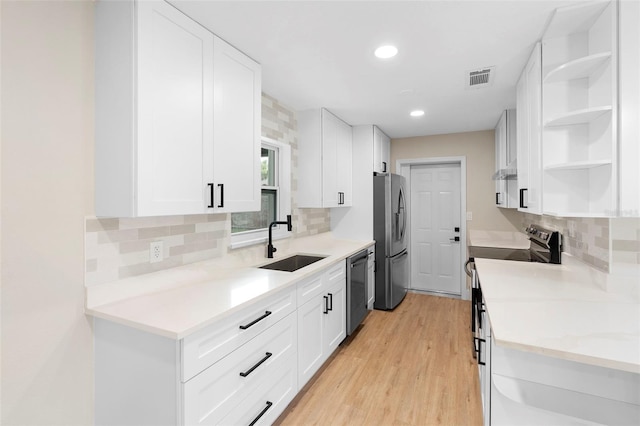 5310 Pineview Way, Apopka, FL 32703 - kitchen featuring open shelves, appliances with stainless steel finishes, backsplash, white cabinetry, and light wood-style flooring
