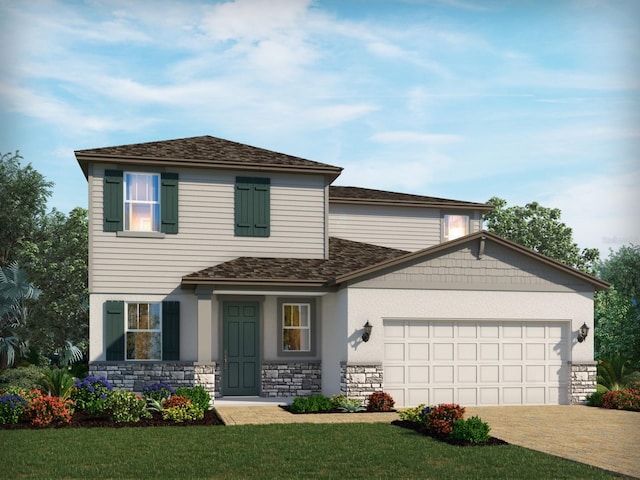 4519 Windy Oak Way, Saint Cloud, FL 34772 - view of front of home with stone siding, a garage, driveway, and a front yard