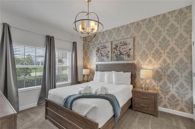 9005 Stinger Dr, Davenport, FL 33896 - carpeted bedroom with wallpapered walls and a chandelier