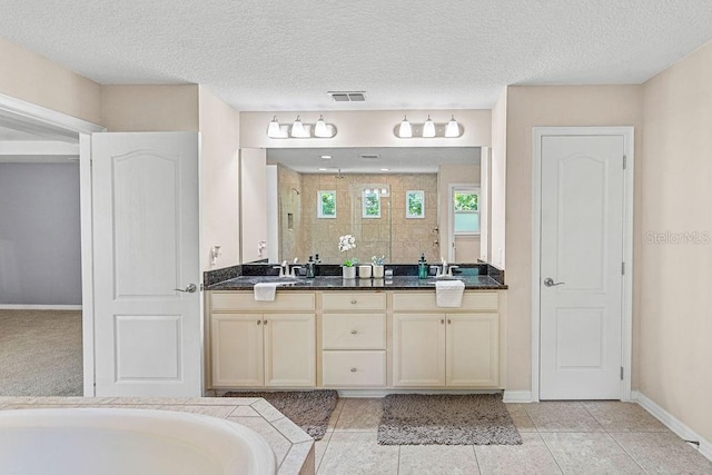 1210 Woods Landing Dr, Minneola, FL 34715 - full bathroom featuring a stall shower, double vanity, a bath, and a textured ceiling