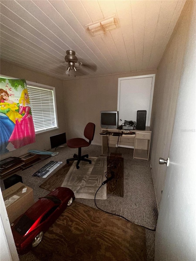 10004 Vaughn St, Gibsonton, FL 33534 - carpeted home office featuring wooden ceiling and a ceiling fan