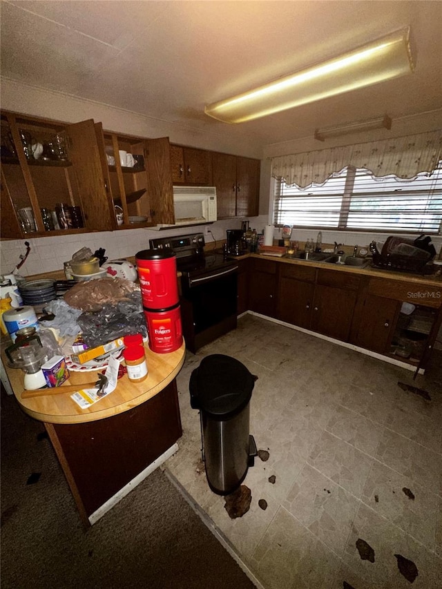 10004 Vaughn St, Gibsonton, FL 33534 - kitchen with electric stove, white microwave, glass insert cabinets, and brown cabinets