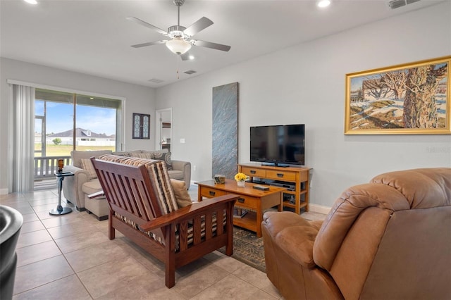 416 Riders Loop, Auburndale, FL 33823 - living room featuring a ceiling fan, light tile patterned flooring, and recessed lighting