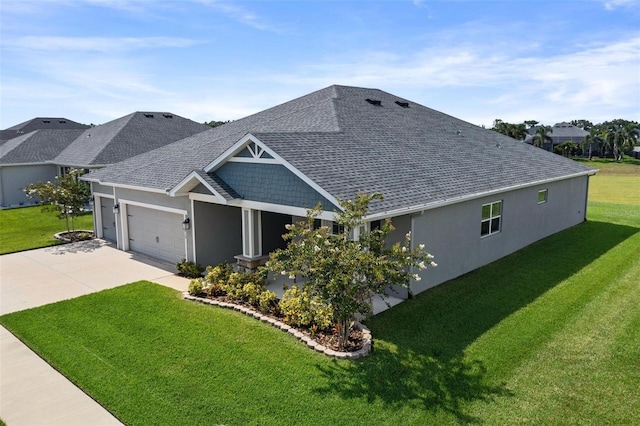 416 Riders Loop, Auburndale, FL 33823 - view of front of house featuring a shingled roof, concrete driveway, a front yard, an attached garage, and stucco siding