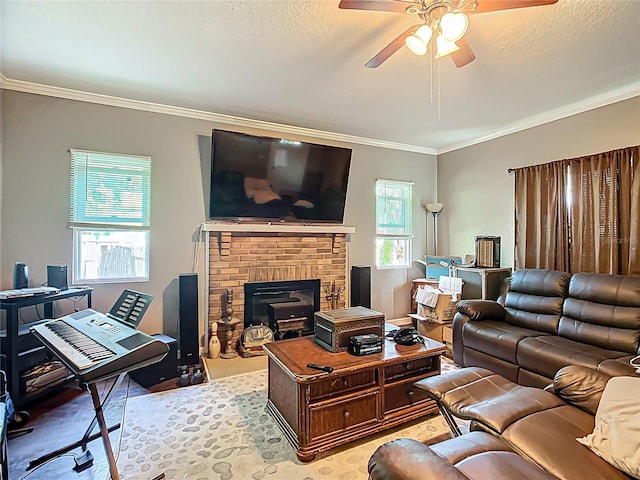 1505 E Elm Rd, Lakeland, FL 33801 - living room featuring a ceiling fan, ornamental molding, and a fireplace