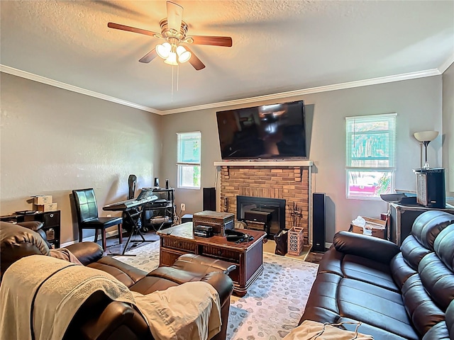 1505 E Elm Rd, Lakeland, FL 33801 - living area with ceiling fan, ornamental molding, a textured ceiling, a brick fireplace, and wood finished floors