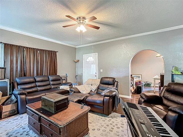 1505 E Elm Rd, Lakeland, FL 33801 - living room featuring a ceiling fan, arched walkways, crown molding, and a textured ceiling