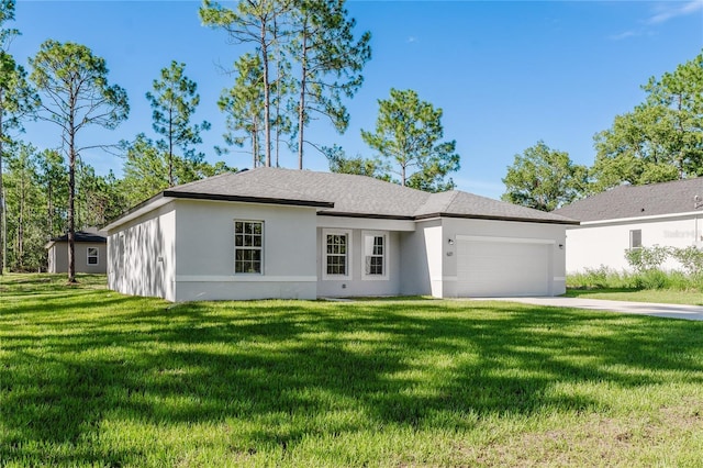 627 W Glenhaven Dr, Citrus Springs, FL 34434 - ranch-style home featuring stucco siding, an attached garage, a front lawn, driveway, and a shingled roof
