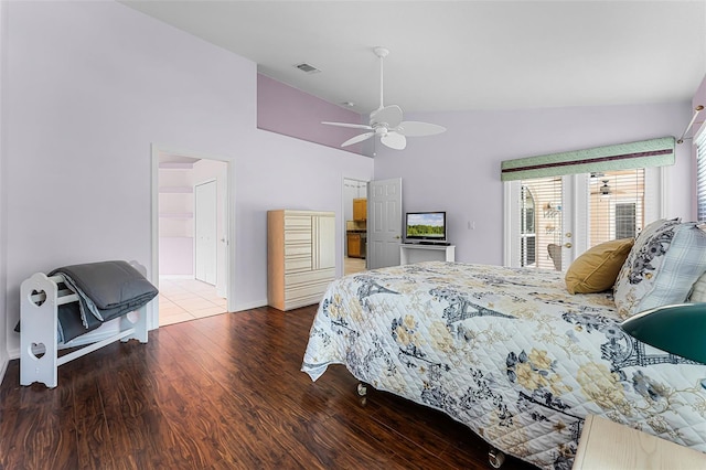 12617 Douglas Fir Ct, Clermont, FL 34711 - bedroom with wood finished floors, high vaulted ceiling, a ceiling fan, and access to outside