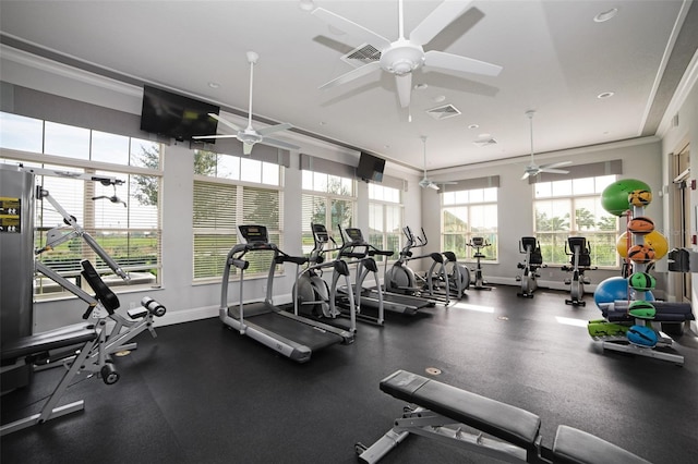 13298 Pontoon Rd, Winter Garden, FL 34787 - workout area with crown molding, recessed lighting, and a ceiling fan