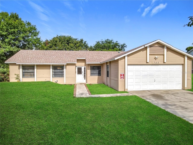 745 Mentmore Cir, Deltona, FL 32738 - ranch-style home with concrete driveway, a front yard, a garage, and roof with shingles