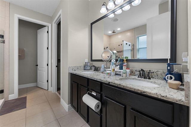 4920 Blanche Ct, Saint Cloud, FL 34772 - bathroom featuring a stall shower, double vanity, and tile patterned flooring