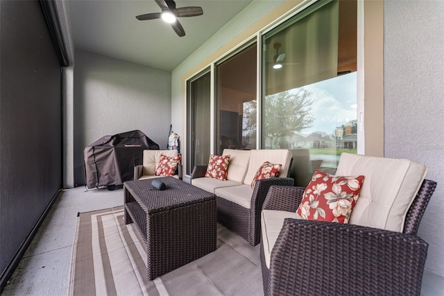 4920 Blanche Ct, Saint Cloud, FL 34772 - balcony featuring a ceiling fan, an outdoor living space, and grilling area