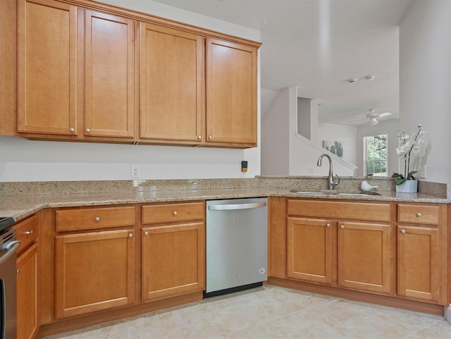 741 Ashworth Overlook Dr Unit B, Apopka, FL 32712 - kitchen featuring stainless steel dishwasher, light stone countertops, a ceiling fan, brown cabinetry, and light tile patterned floors
