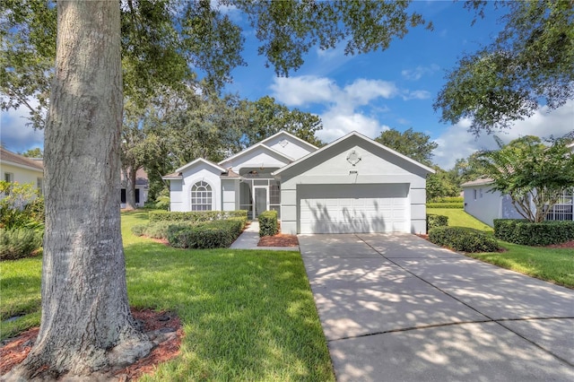 3507 Tenby Cir, Clermont, FL 34711 - ranch-style house featuring a garage, a front lawn, driveway, and stucco siding