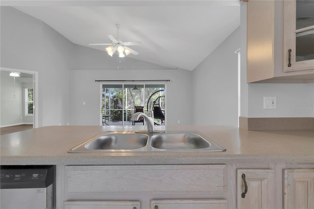 3507 Tenby Cir, Clermont, FL 34711 - kitchen with dishwasher, lofted ceiling, light countertops, a ceiling fan, and glass insert cabinets