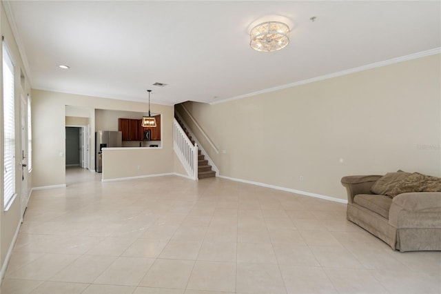 6059 Twain St Unit 108, Orlando, FL 32835 - unfurnished living room with stairway, ornamental molding, and light tile patterned floors
